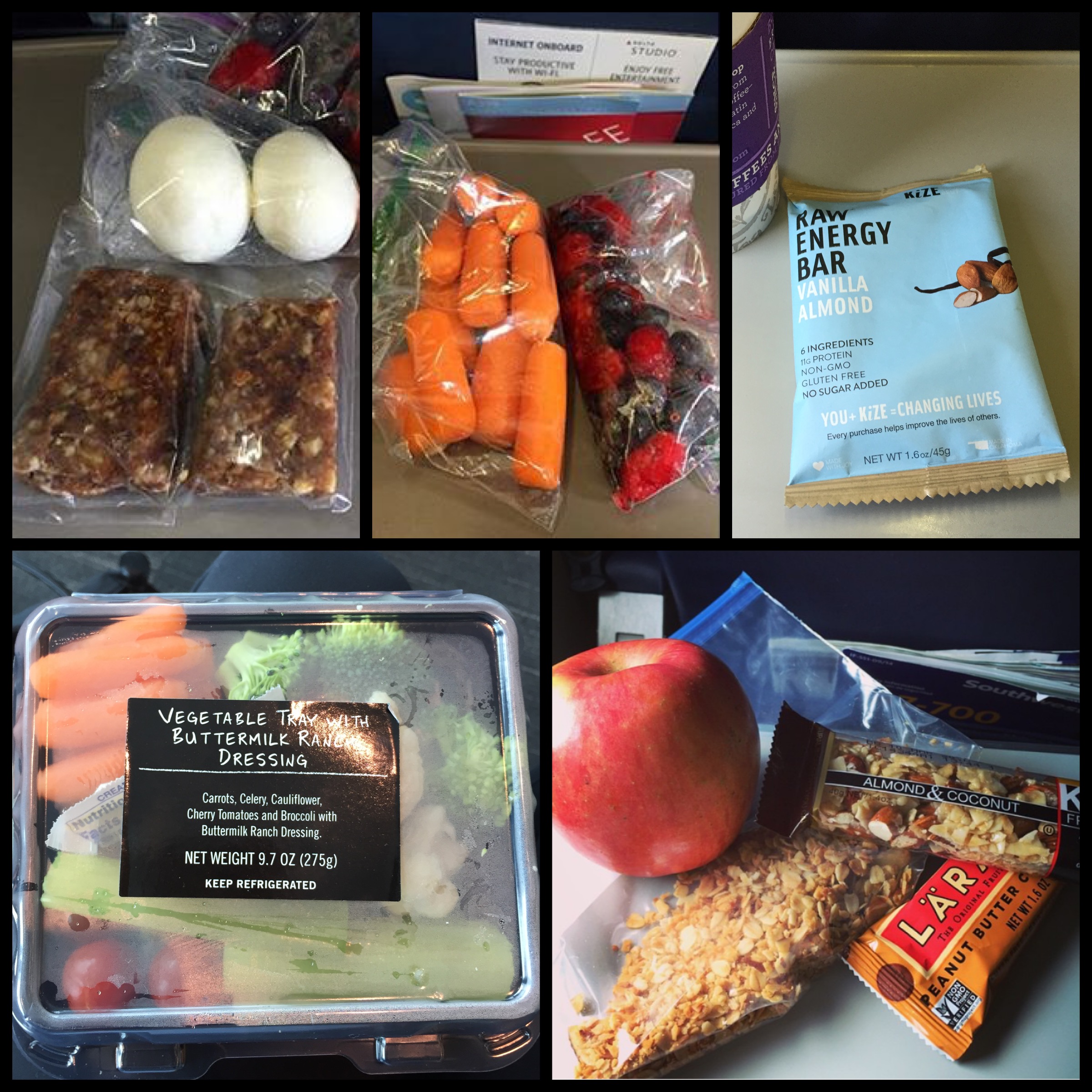 Hard-boiled eggs, homemade fruit & nut bars , fresh fruits & veggies, energy bars, and homemade granola all make great snack options while traveling.