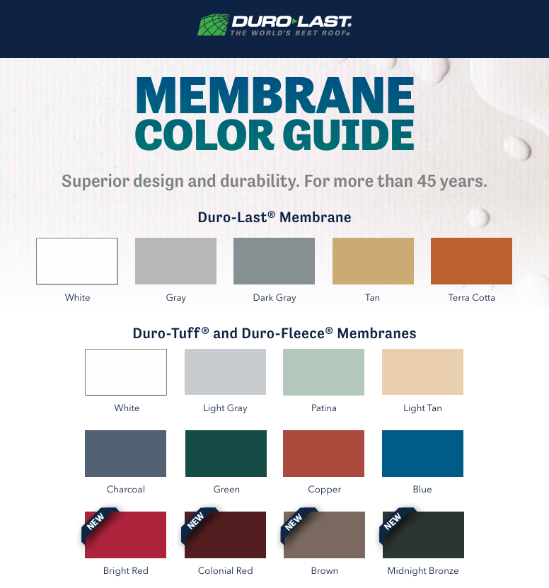Duro-Last Membrane Color Guide showing over 15 available roofing colors including white, gray, terra cotta, patina, copper, and Midnight Bronze. Designed for energy efficiency, aesthetics, and long-term performance on commercial roofs.