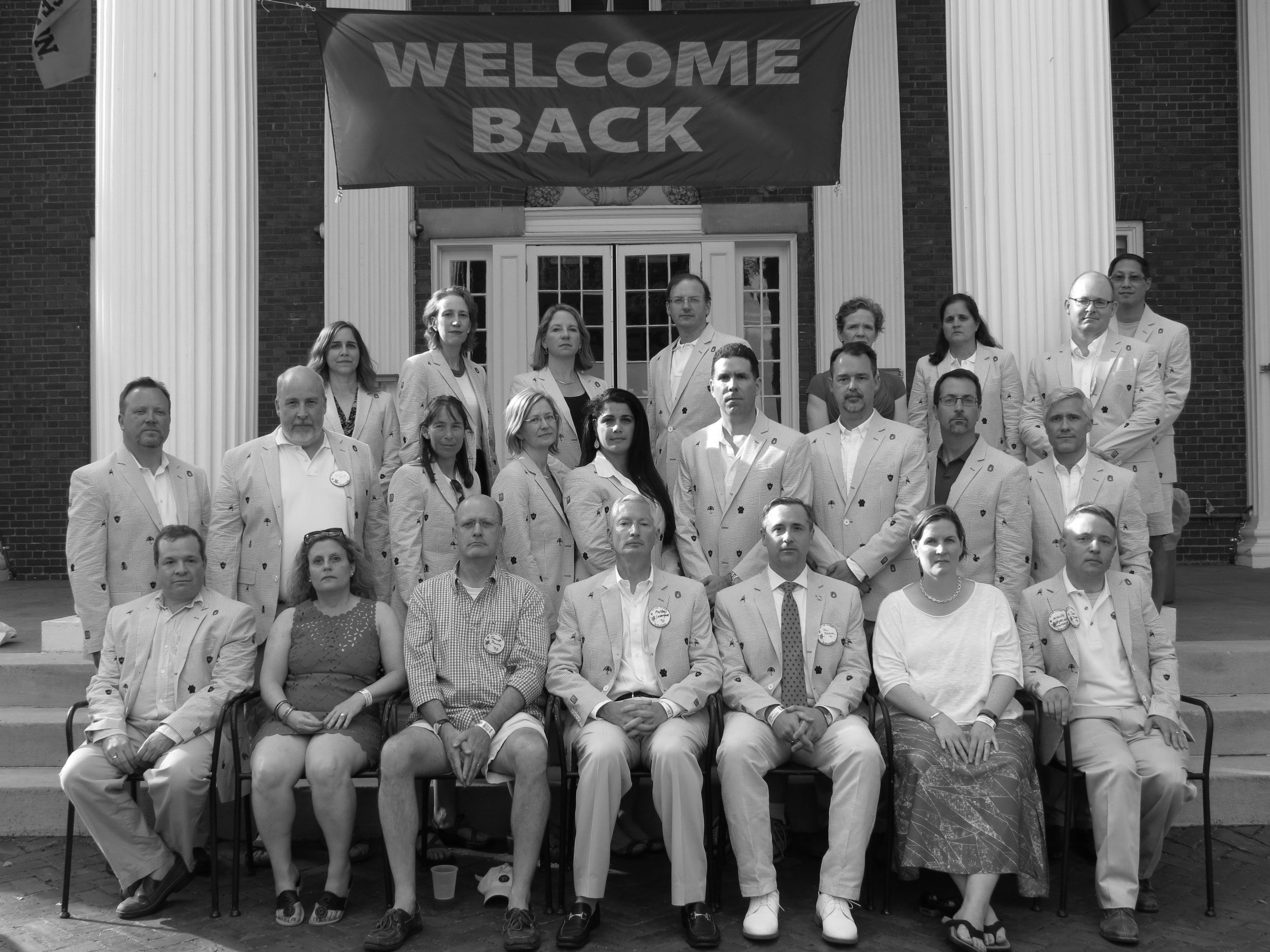 BACK ROW: Lori Bassman, Alexa (Boer) Kimball, Jody (Danforth) Root, Dave Heine, Carla (Newmeyer) Cooper, Elizabeth (Perriello) Rice, R. Justin Smith, Spencer Lin MIDDLE ROW: Paul Biddinger, Eric Boyd, Julie (Rosensweig) Schwartz, Stephanie (Blackburn) McFadden, Elena (Rand) Kaspi, Andy Stein, Pete Smith, Andy Mayo, Tim Lyons. FRONT ROW: Drew Denker, Page (Lichtenfeld) Bondor, Garrett Duarte, Matt Cunningham, Paul Bondor, Bridget (McKeever) Bettigole, Dan Troyka
