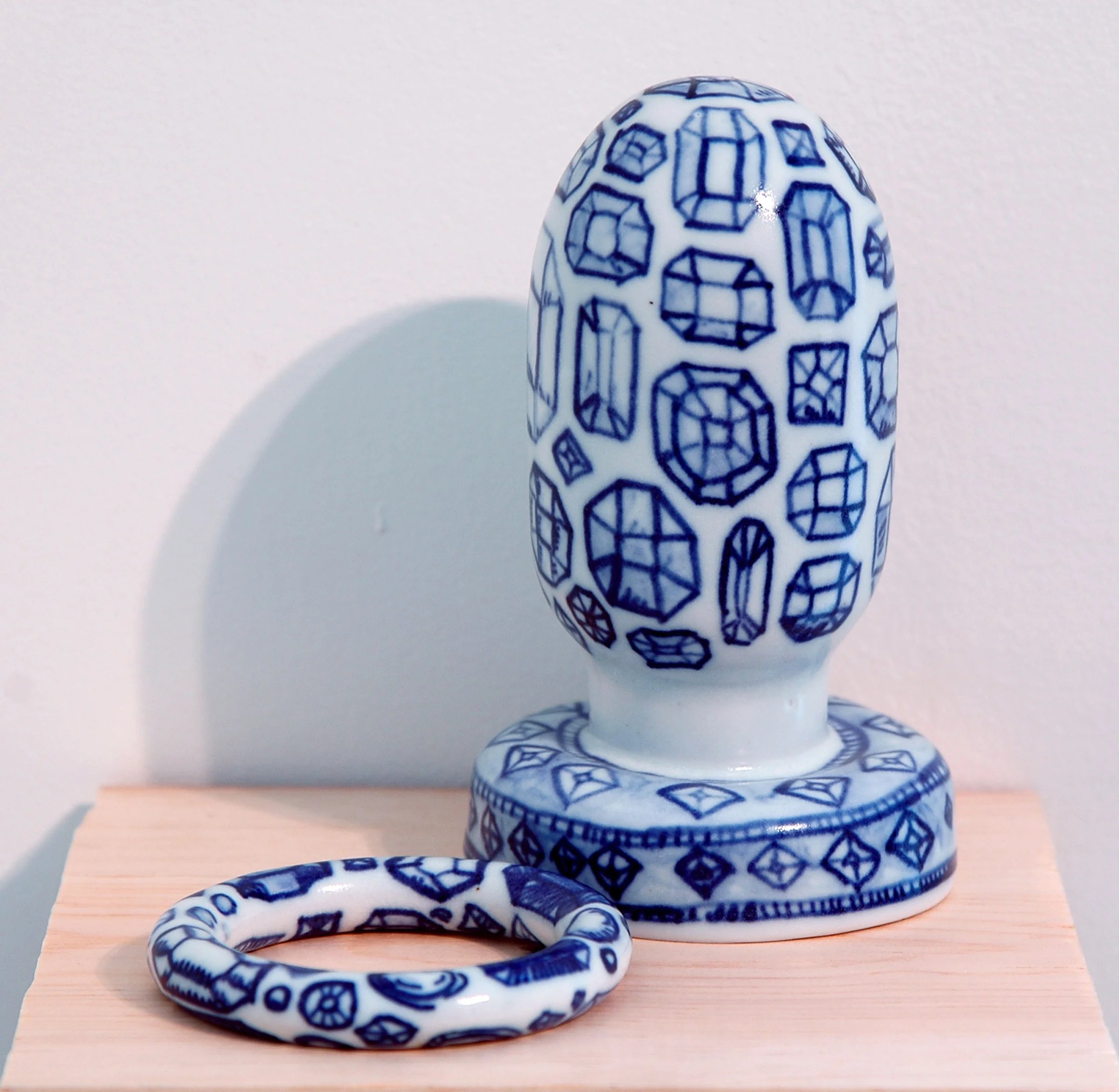  Erik Scollon (left to right)   I Allow Decoration of My Own Body, If it Provides a Source of Pleasure for my Fellow Man  , 2010,&nbsp;porcelain with cobalt decoration, 3.25" diameter   They Are Also My Pleasures  , 2010,&nbsp;porcelain with cobalt d