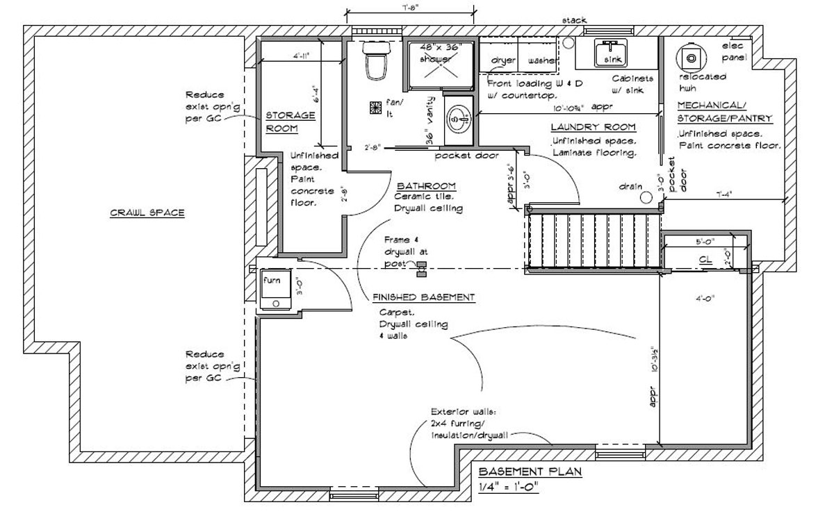 After: A living area, bathroom, and laundry room were built out. Recessed lighting and wood-wrapped columns were added.