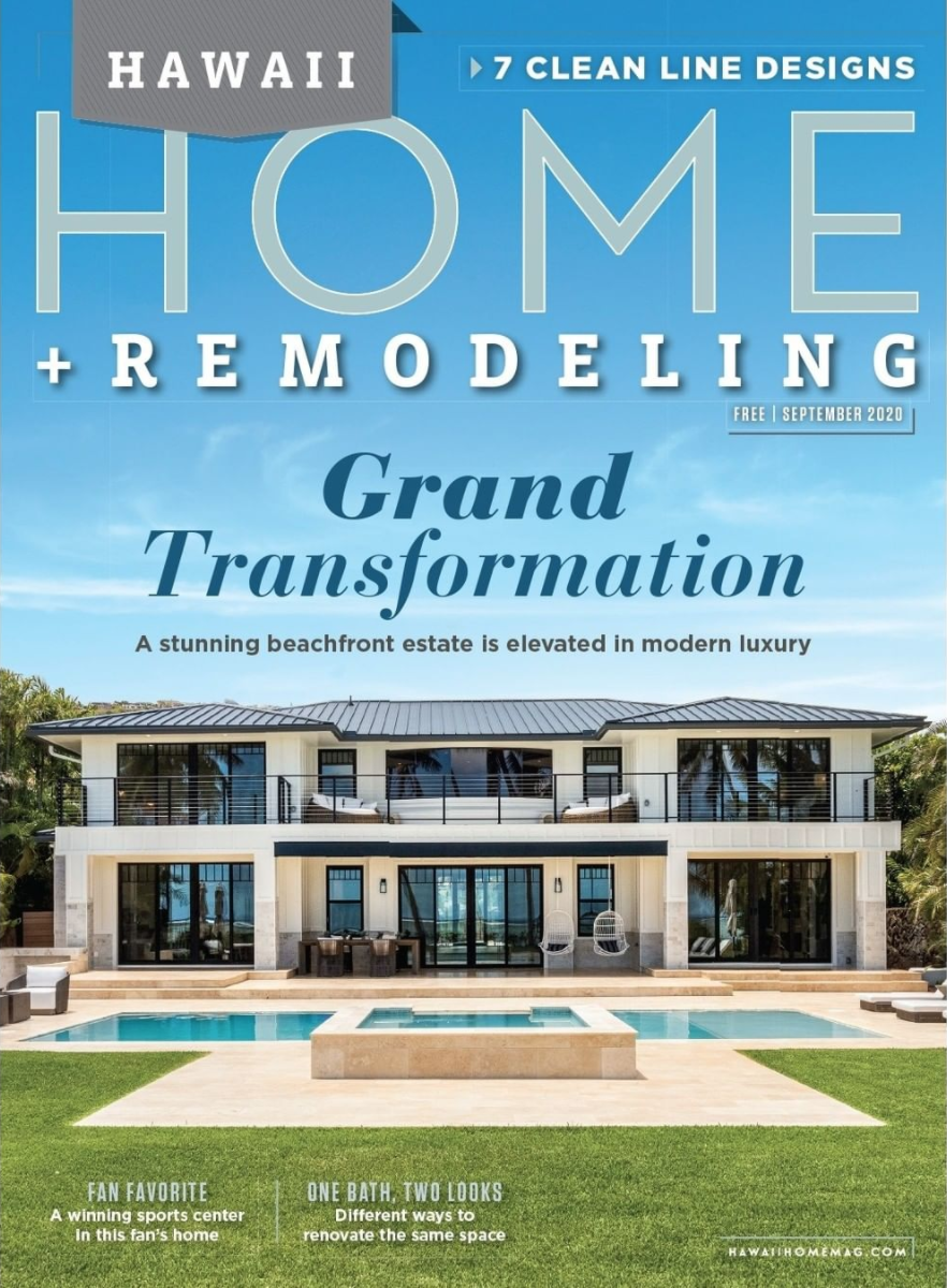 Cover of Hawaii Home + Remodeling magazine featuring a modern beachfront house with a pool, titled 'Grand Transformation' with the subtitle about modern luxury.