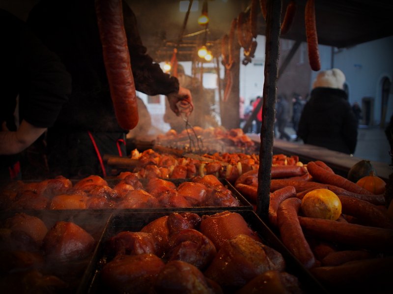 Sausage, sausage everywhere - food stand in the Christmas Market