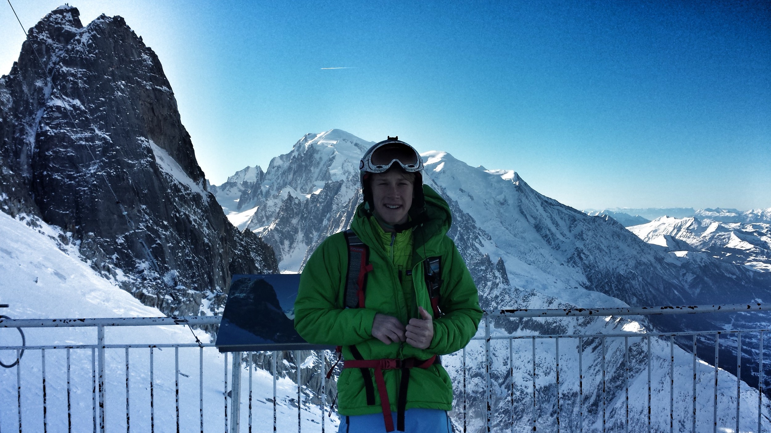 Peter at the summit with Mount Blanc over his right shoulder (left as you are looking at him).