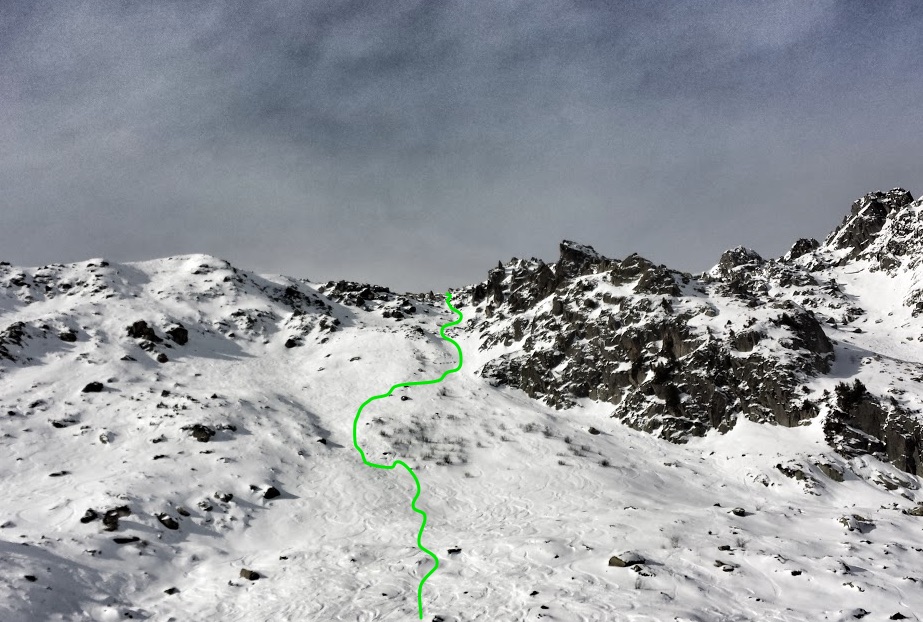 The green line represents the line we skied down this face, it does not look nearly as steep as it was