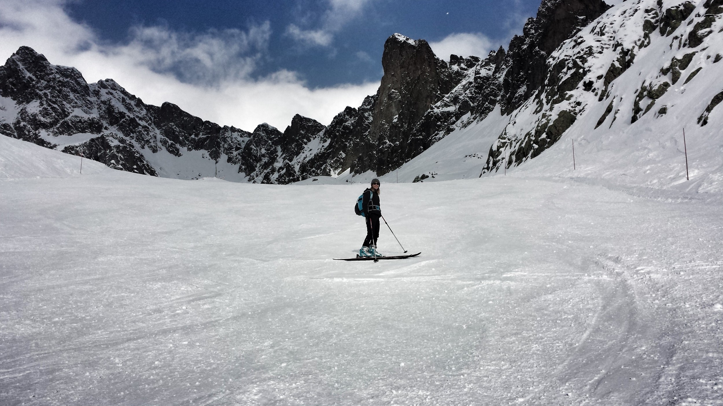 Stacie enjoying a rare groomed section on our first decent