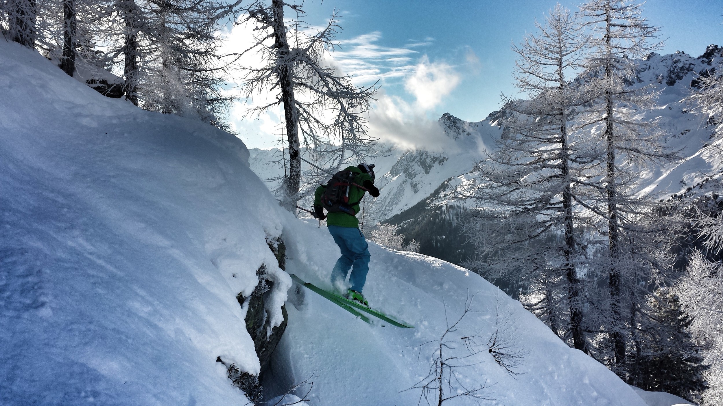 Peter hucking off a cliff in the magic forest