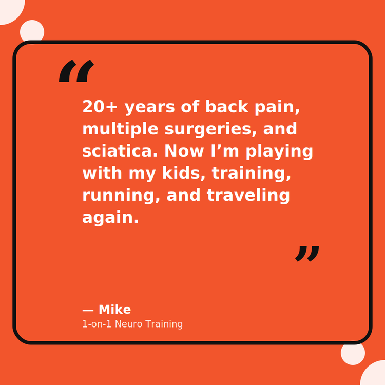 Mike's testimonial: resolved 20+ years of back pain, sciatica, and multiple surgeries