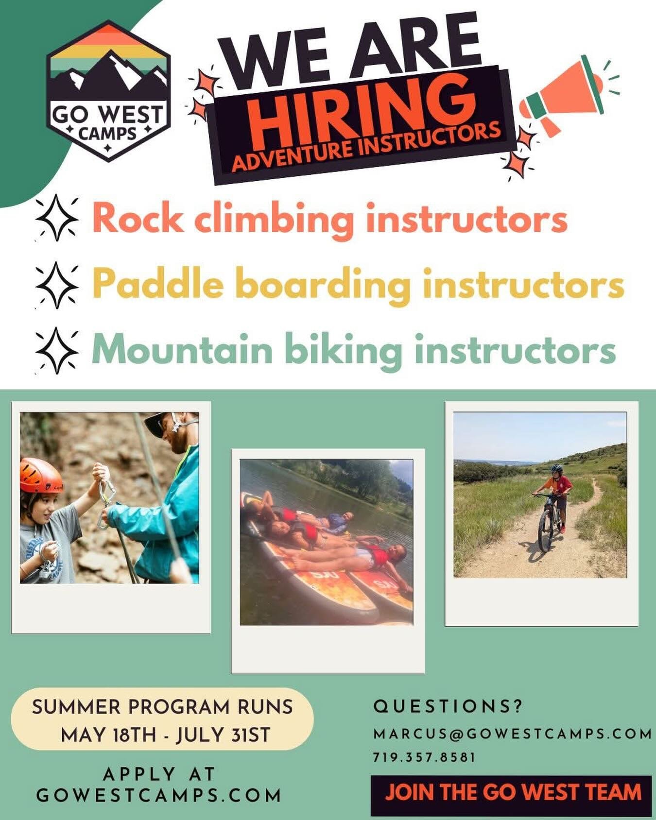Come adventure with us! Go West Camps is looking for seasonal adventure instructors. If you love rock climbing, paddle boarding, or mountain biking, we want to hear from you! Apply at gowestcamps.com or email Marcus@gowestcamps.com for more info! #go