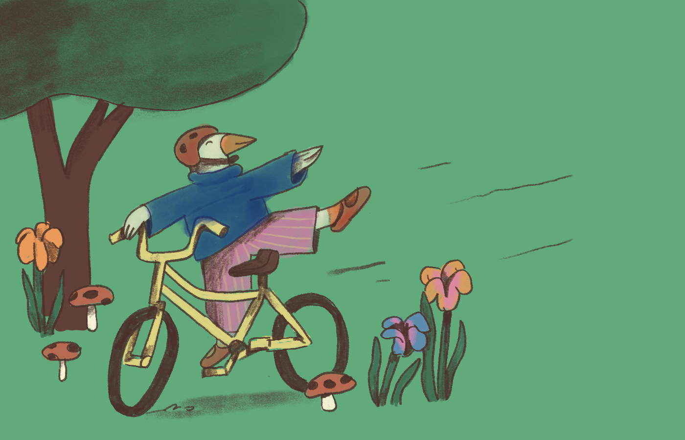 goose riding a bike illustration children's books