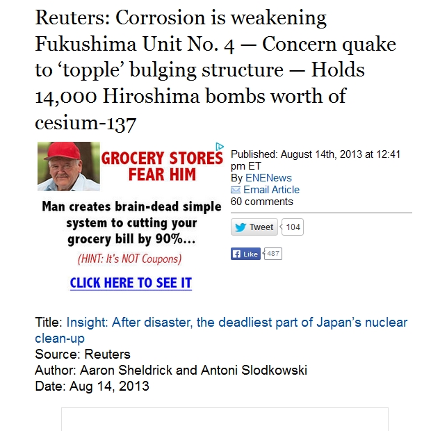 Reuters Corrosion is weakening Fukushima Unit No. 4 — Concern quake to ‘topple’ bulging structure — Holds 14,000 Hiroshima bombs worth of cesium-137.jpg