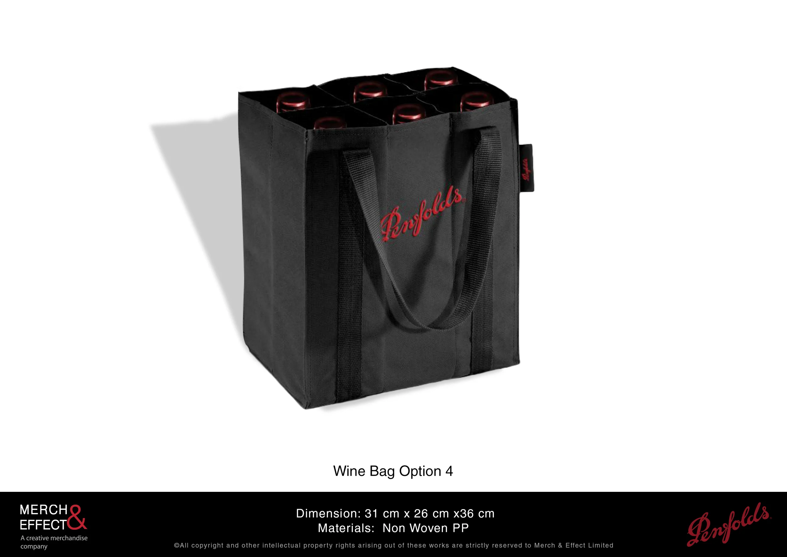  This large wine bag has six partitions that keep your wine bottles intact. We designed this black winebag with the Penfolds logo boldly embroidered in red at the front.  This bag is perfect for creating a lasting impression for their brand as it is 