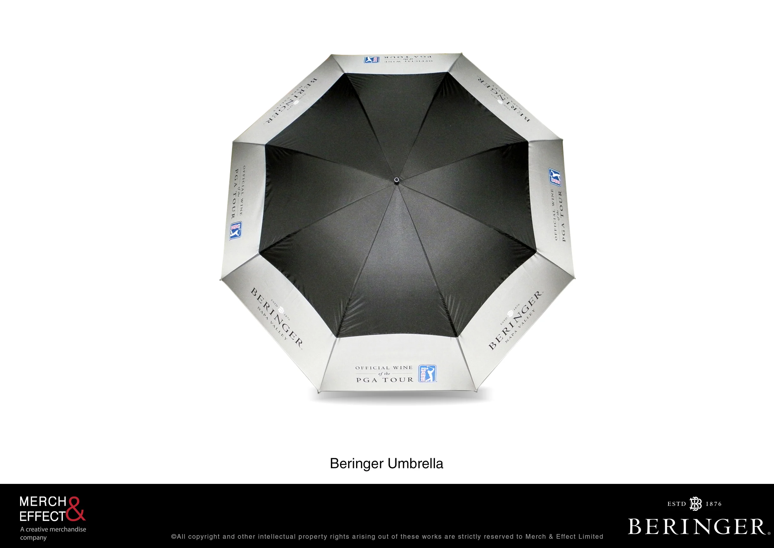  Made for Treasury Wine Estates' Beringer brand, this umbrella comes in classic black and silver colors and with a slim black holder.  It is the quintessential partner for winery tours offering wine tasting sessions and visits to the estate's cellars