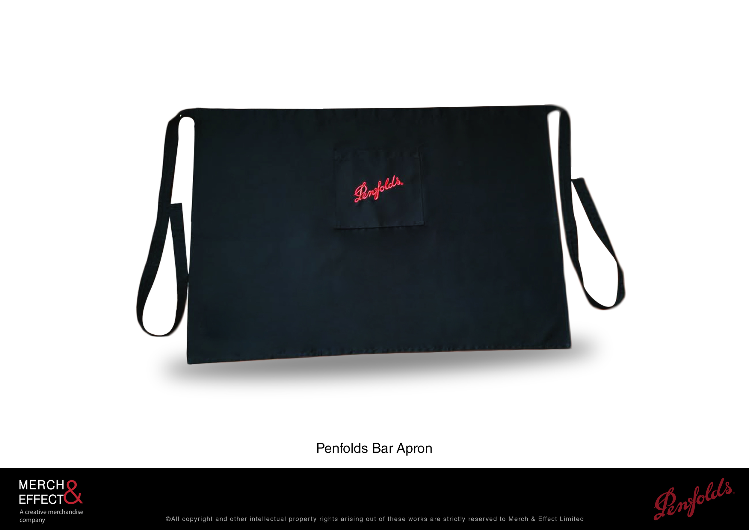  Simple and sleek, this Penfolds bar apron makes a perfect accessory to a bartender's uniform.  This slim line apron has an universal fit that can accommodate a wide range of body types. An accessible front pocket is digitally embroidered with the Pe