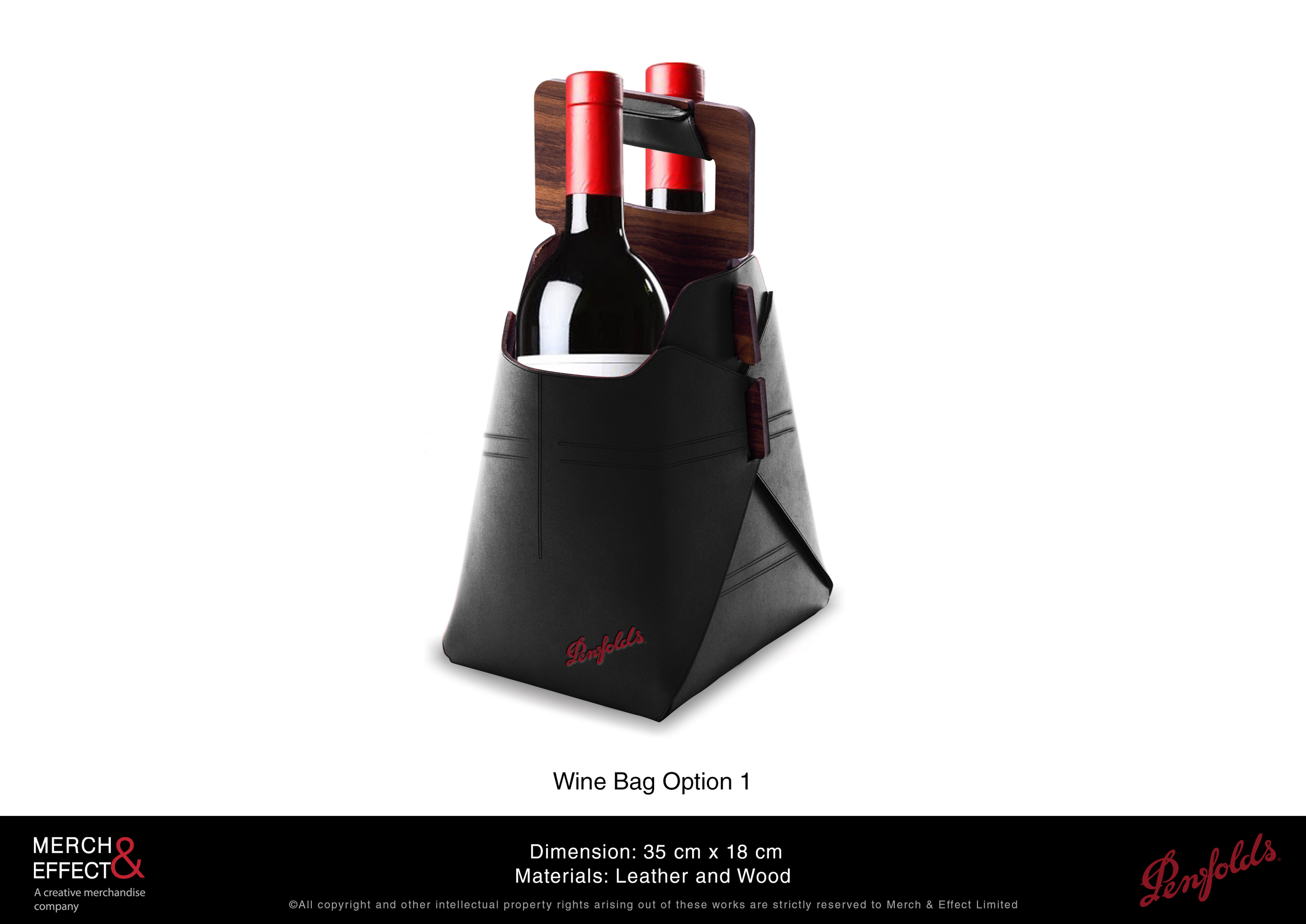  This triangular wine bag is an avant-garde piece that when it's not being carried around, it makes a decorative table set up piece as a wine holder. This Penfolds wine bag can hold two wine bottles. The design combines leather with polished wood as 
