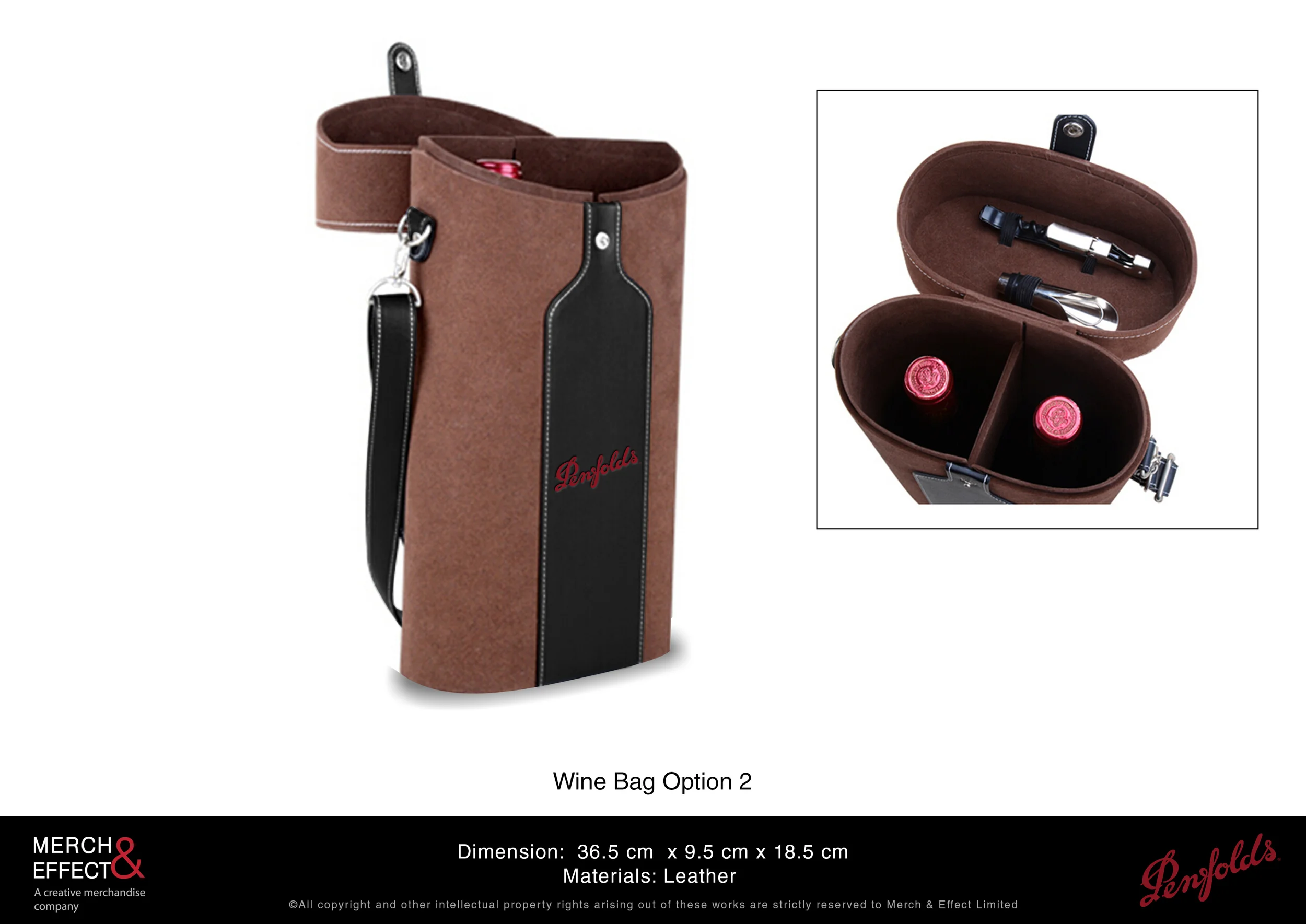  This partitioned leather wine bag can hold two bottles and features tool slots that can hold your wine opener and pourer. It is made out of premium leather, with a black leather silhouette of the Penfolds wine bottle hot stamped with their red logo 