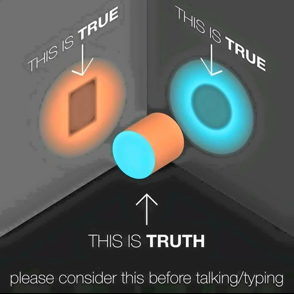 An engineering illustration showing a shape that's both circular and rectangular, depending on which way you're looking at it, and the two holes it can fit in. Each hole is labeled as "true", and the shape itself is labeled as "TRUTH" At the very bottom is the message "PLEASE CONSIDER THIS BEFORE TALKING/TYPNG"