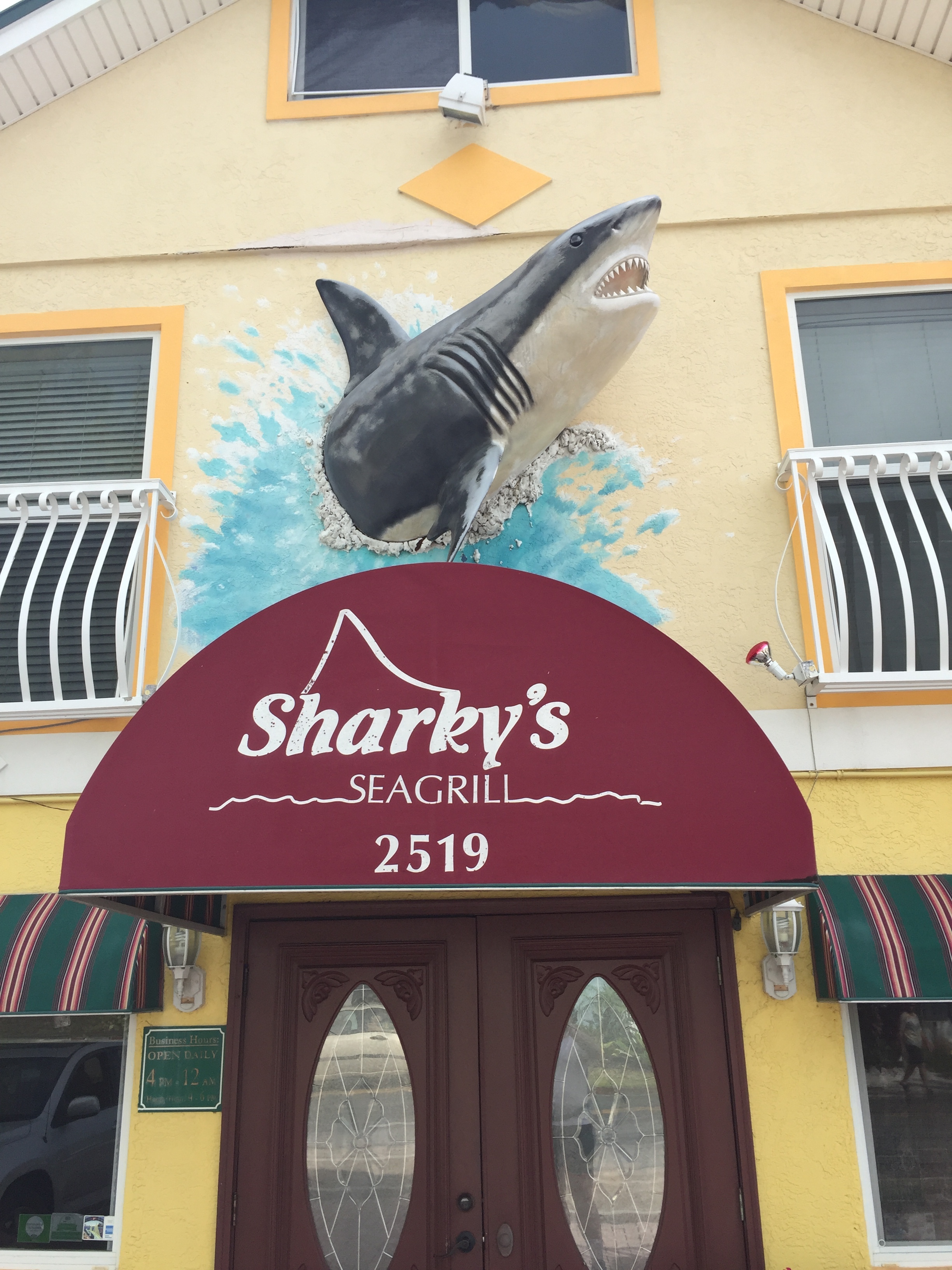 Yup. Sharky's Restaurant. Complete with giant shark statue bursting out of the wall of the restaurant.