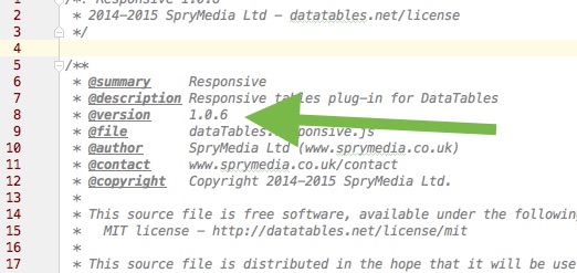 This is a little screen capture of the top of the responsive javascript library. My handy little green arrow points to the version of the extension, that being 1.0.6
