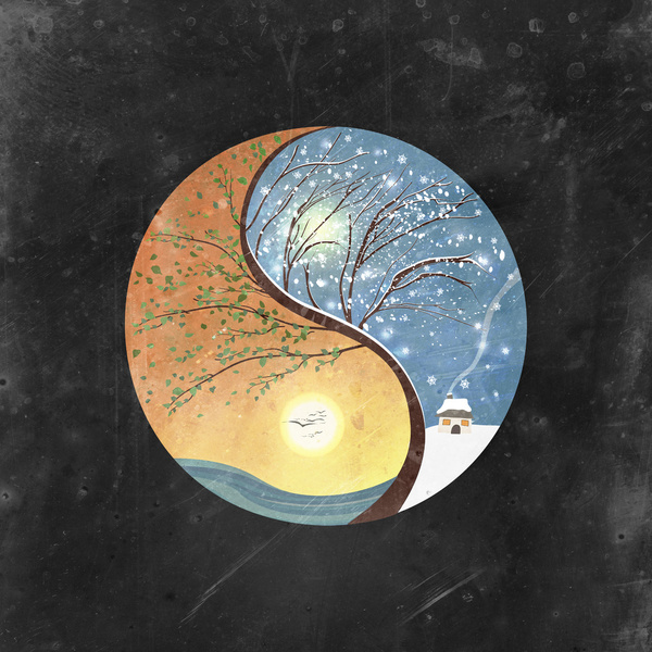 A gorgeous taijitu, showing a sunny day, with a green flowering tree by an ocean, with a hot sun in the sky, next to a barren tree, by a windswept snow covered hill top, with a wan little winter sun in a cold sky.