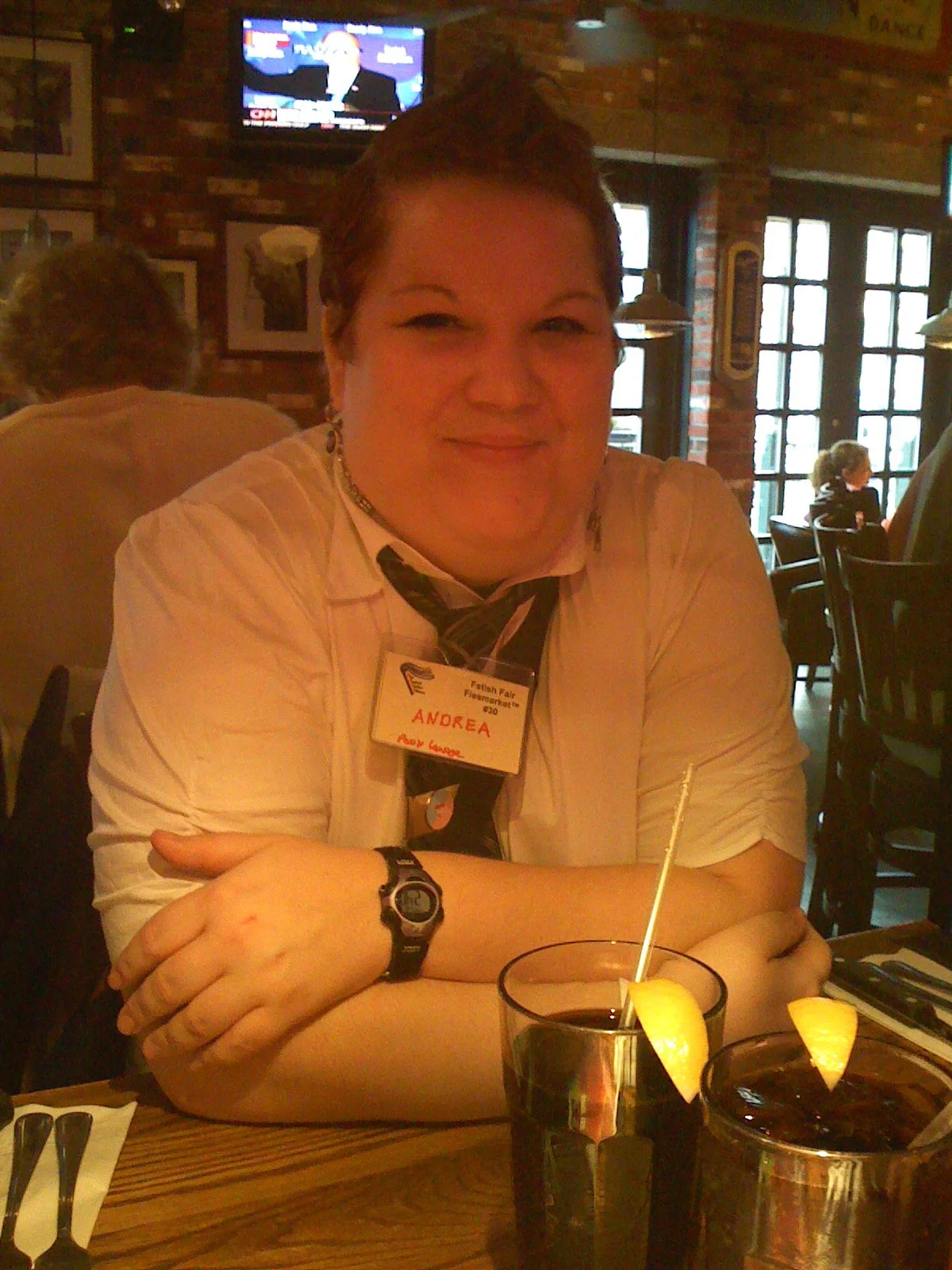 This was the first day we met in person. Note the baby pride pin tie clip thing. I gave her that, that day if I remember right.