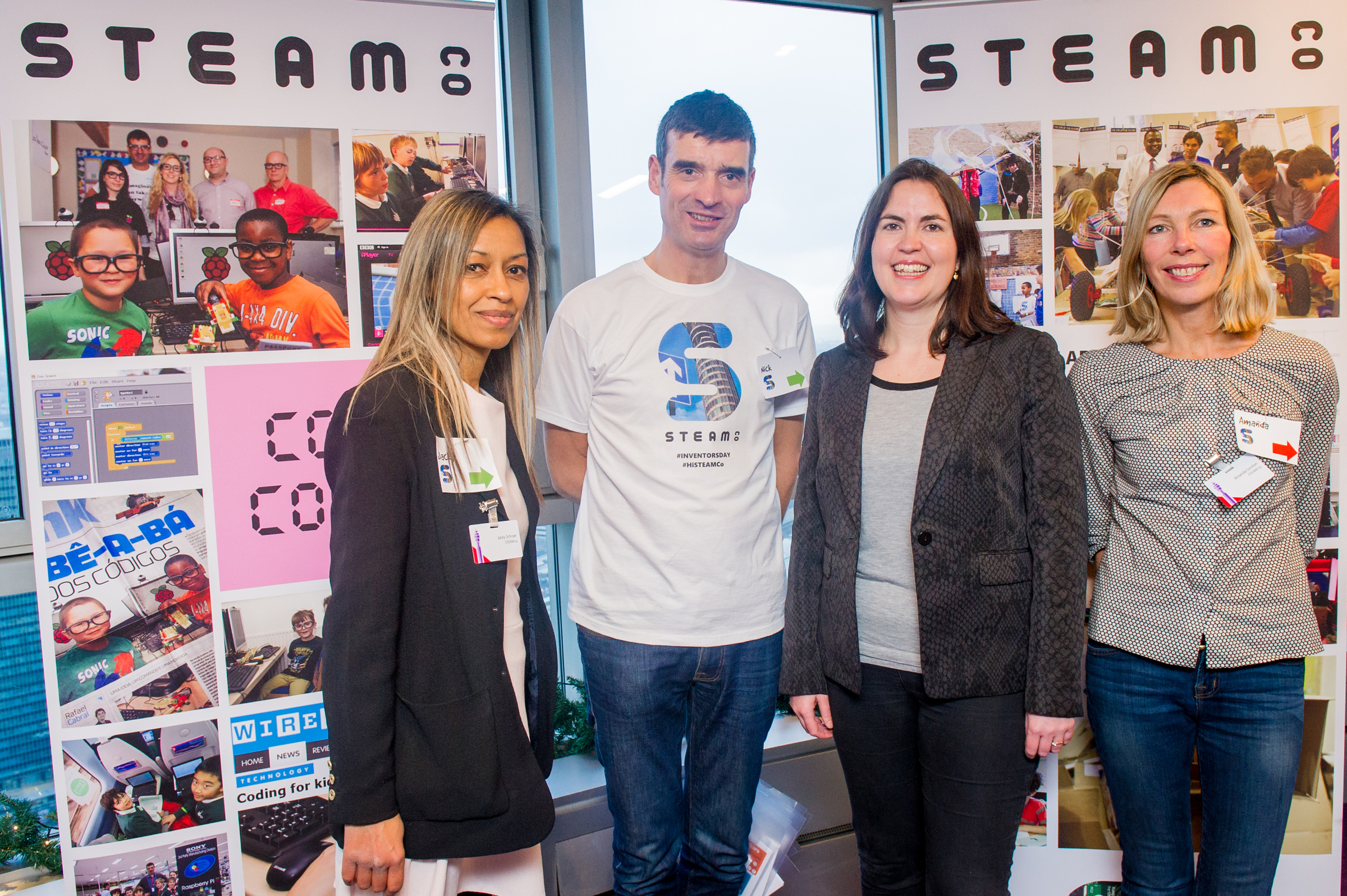 The core STEAM Co.team and co-founders (L-R), Jacky, NIck and Amanda and Suzy Christopher (2nd form right) from BT.