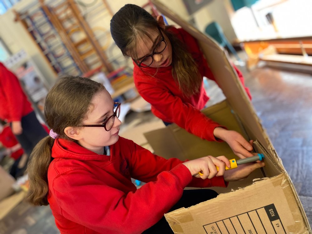 STEAM Co OurMillion22 launch day at St Lawrence Primary - Emily Frost & Ella War cardboard modelling.jpg