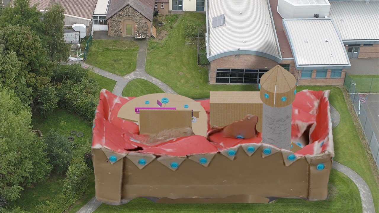 STEAM Co OurMillion22 launch day at St Lawrence Primary - The cardboard Mars base camp virtual set from drone cam .JPG