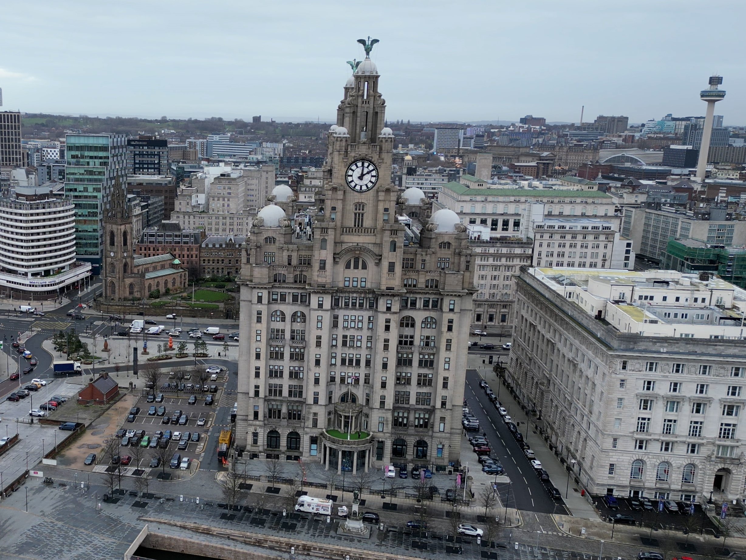 Drone shot of the Liver Building high up