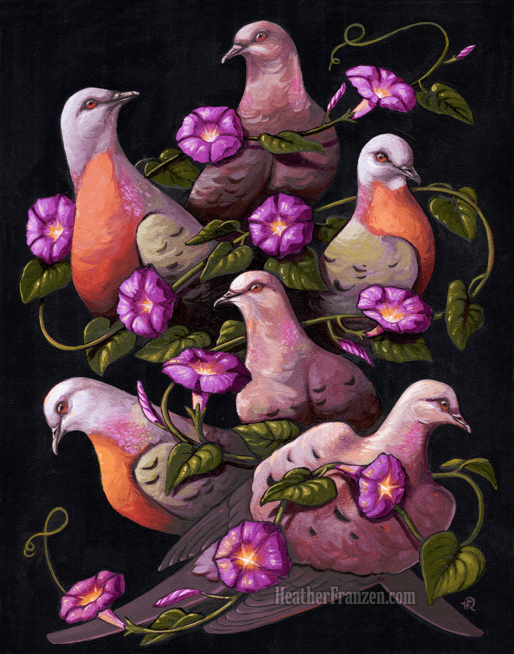 Painting of six passenger pigeons entwined in morning glories