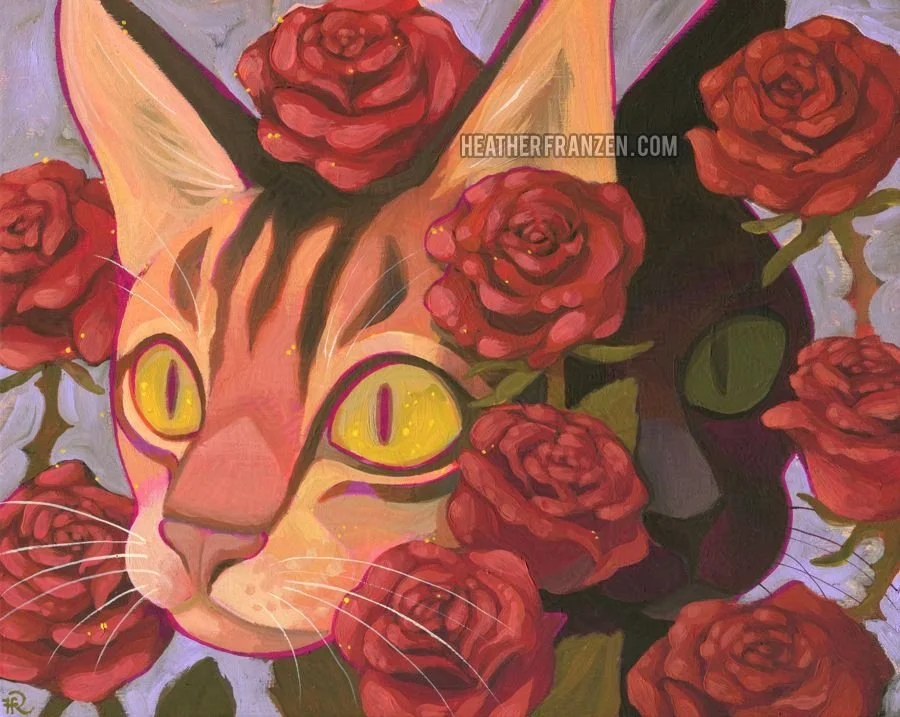 painting of two cats surrounded by 9 roses