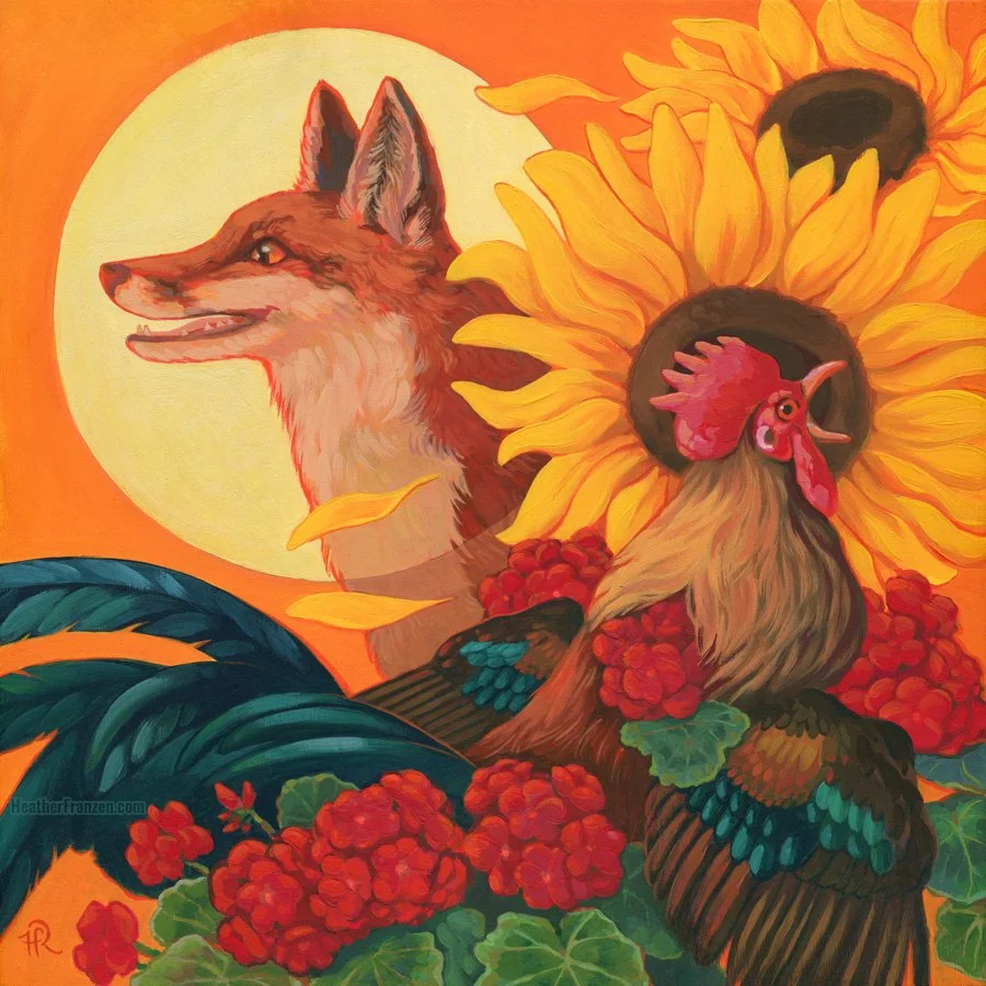 a fox and a rooster, surrounded by sunflowers and geraniums.