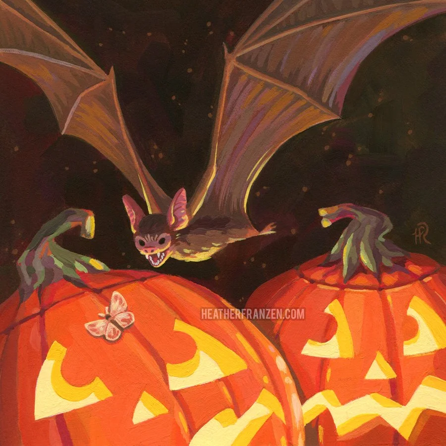 A bat swooping down to eat a moth on a jack-o-lantern