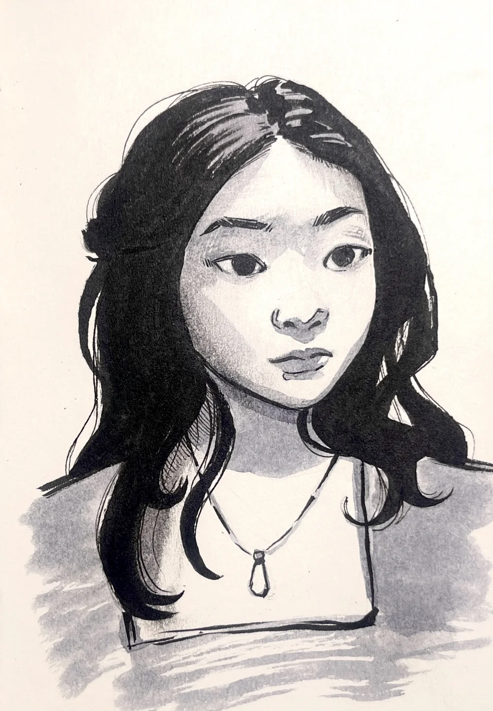 ink sketch of a teen girl.