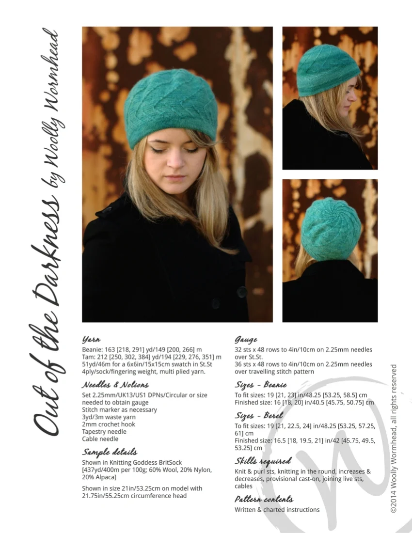 Out of the Darkness beanie and beret knitting pattern