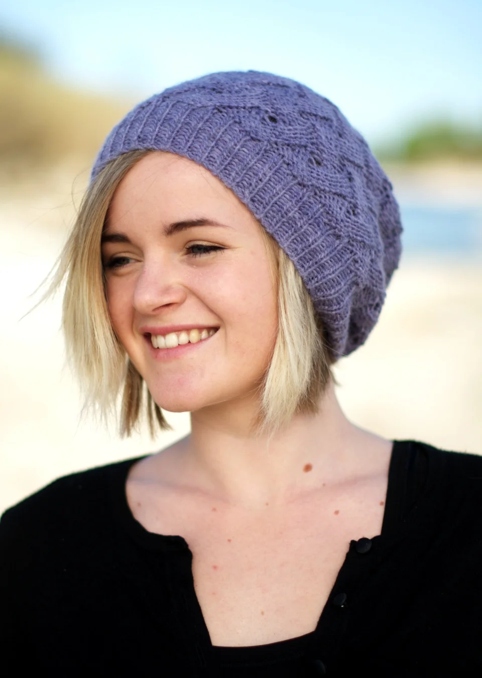 QL Slouch reversible slouchy lace Hat knitting pattern