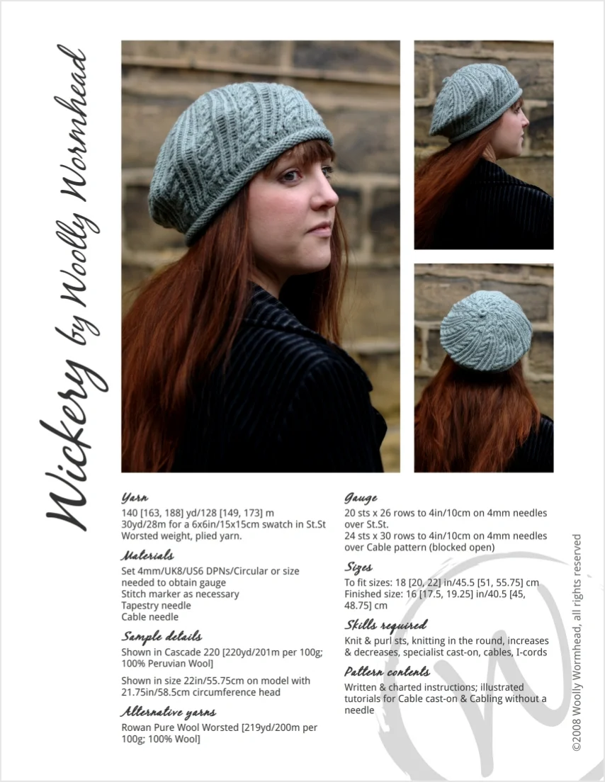 Wickery bias cable beret knitting pattern