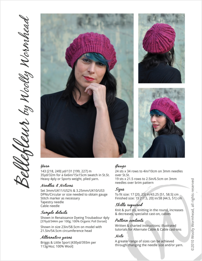 Bellefleur cable & lace beret knitting pattern