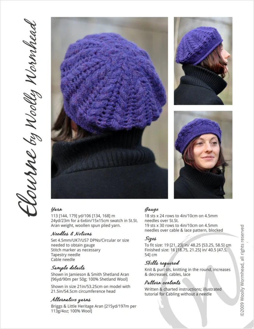 Elourne cable & lace beret knitting pattern