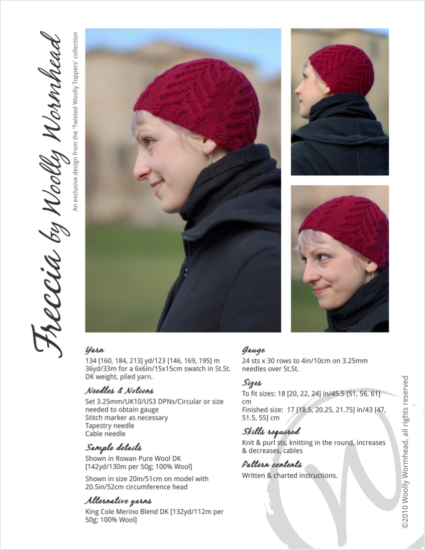 Freccia cabled cap knitting pattern