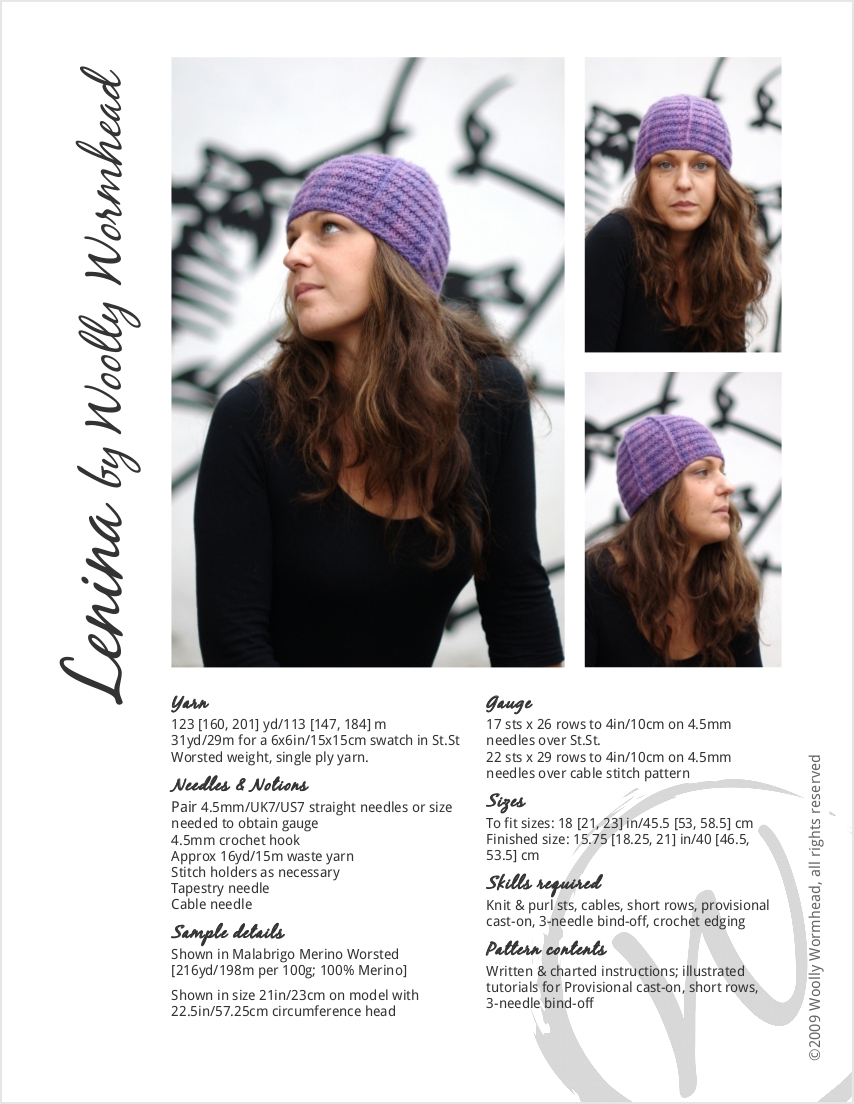 Lenina sideways knit cable Hat pattern