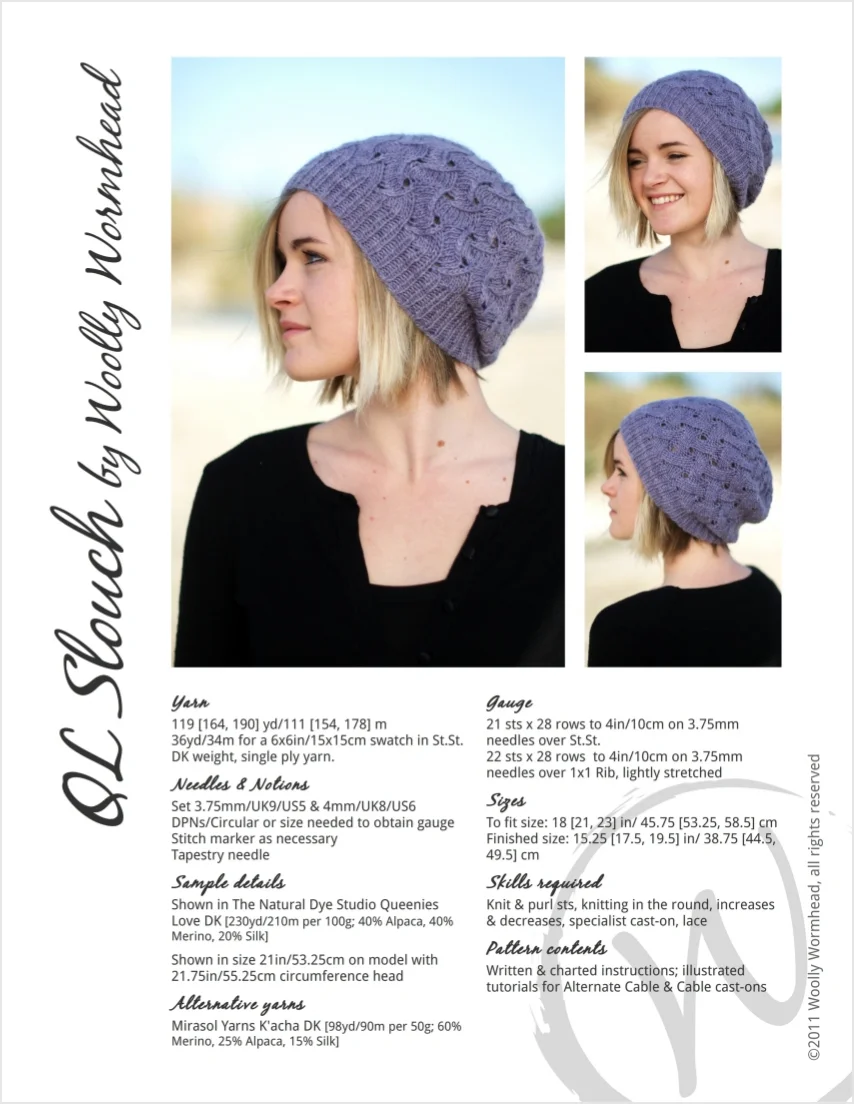 QL Slouch reversible slouchy lace Hat knitting pattern