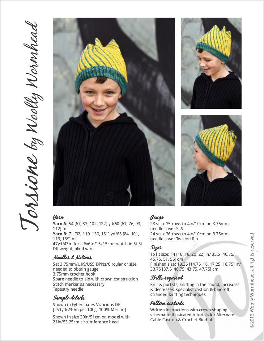 Torsione hand knitting pattern for structured spiral Hat