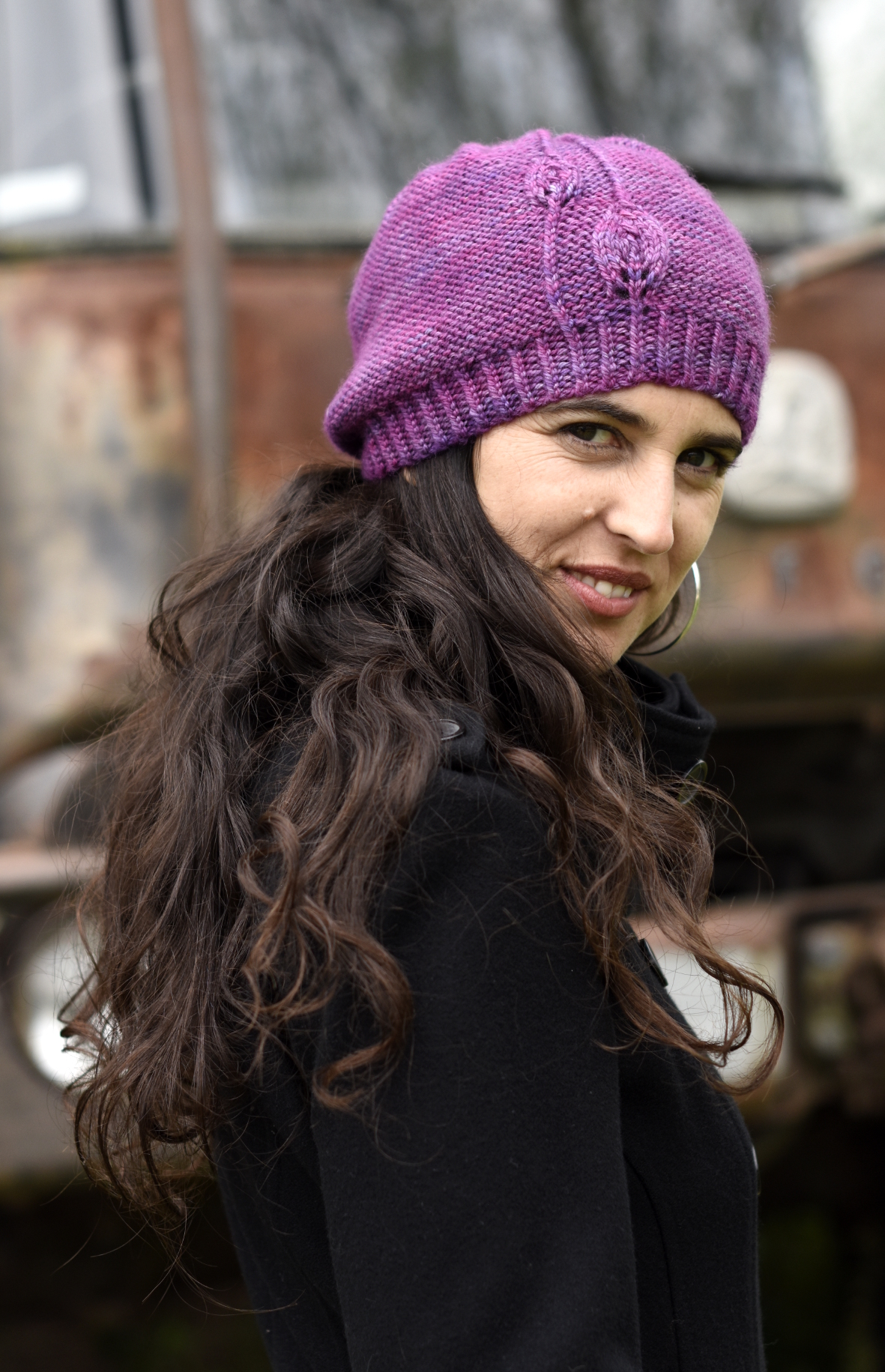 Fabales slouchy Hat knitting pattern with lace leaf detail