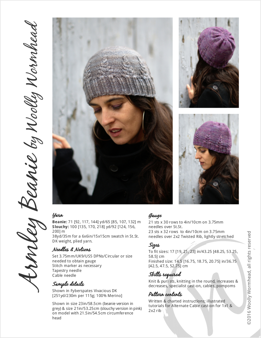 Armley Beanie and Slouchy Hat hand knitting pattern for DK weight yarn