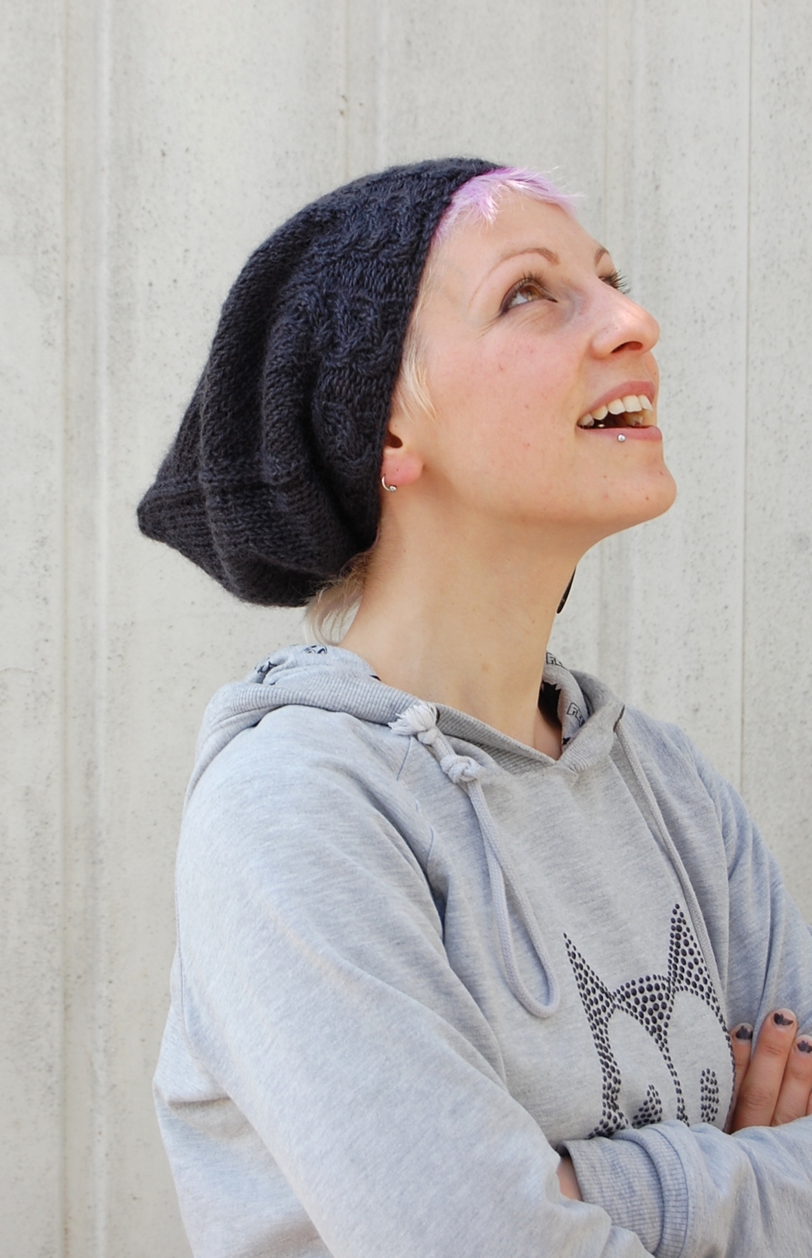 Sloochie slouchy pixie Hat with cabled brim knitting pattern