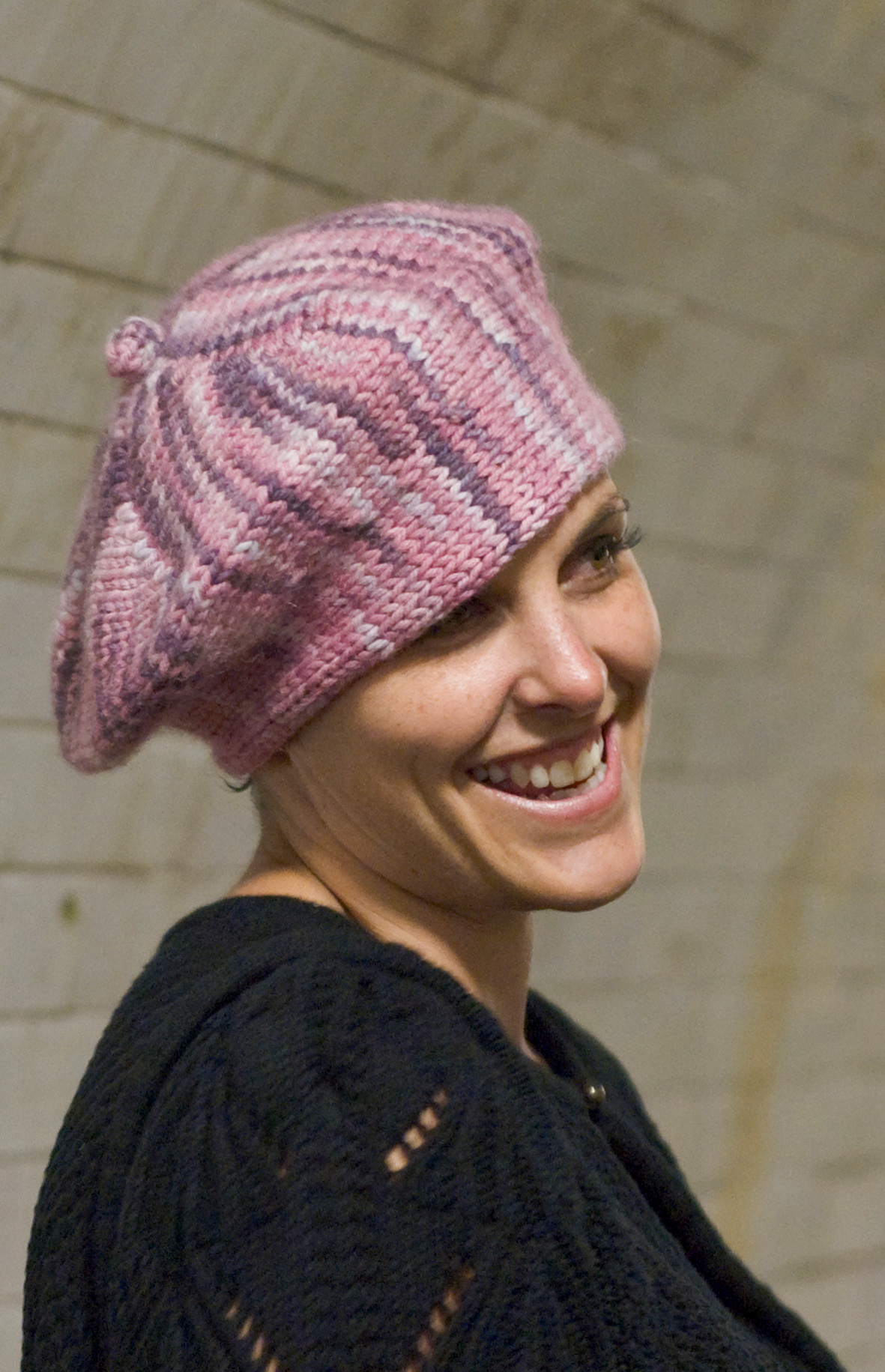 Candy Pi sideways knit beret for variegated yarns knitting pattern