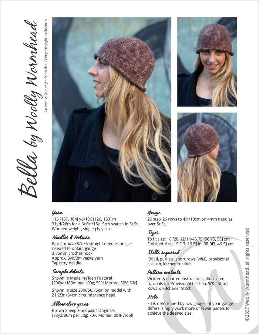 Bella sideways knit brimmed cloche hand knitting pattern