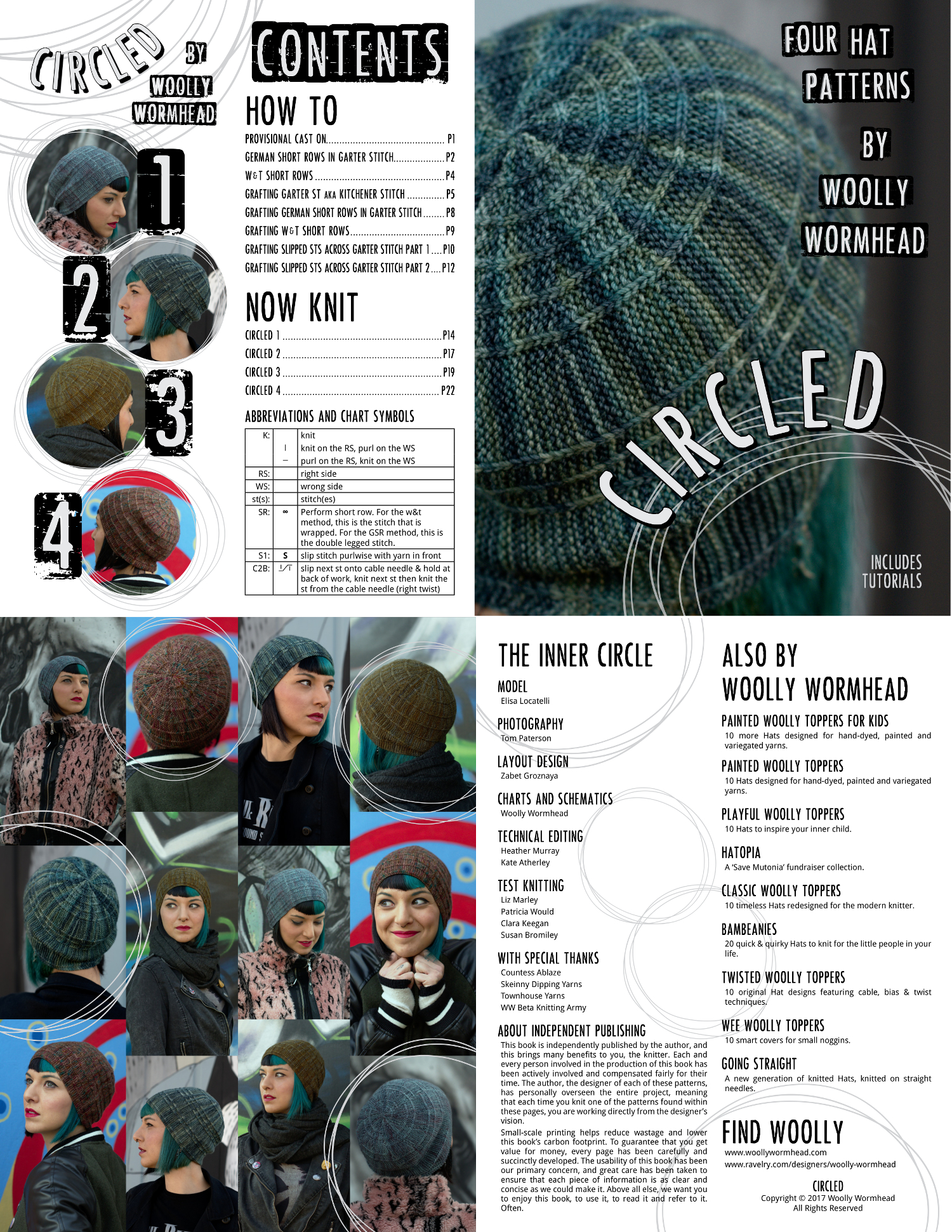 Circled collection of 4 hand knitted Hat designs plus technique manual