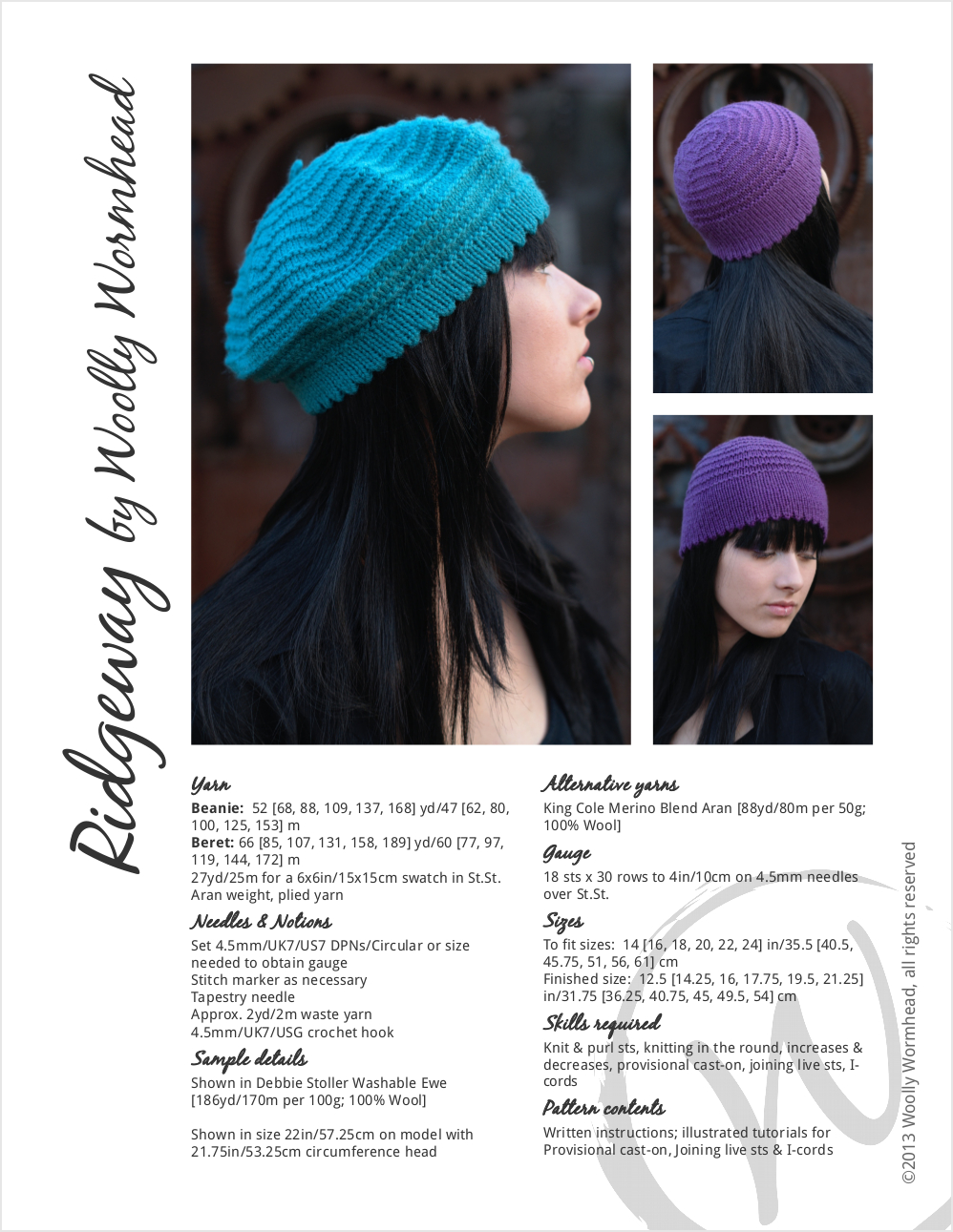 Ridgeway beret and beanie hand knitting pattern
